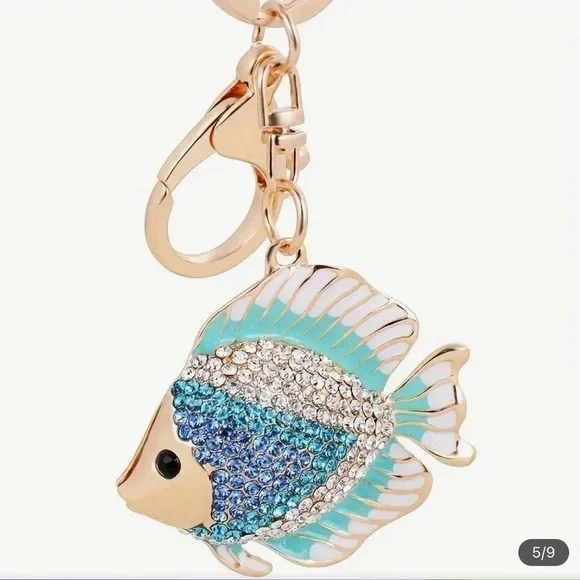 Tropical Fish Rhinestone Blue Key Ring Bag Charm NEW - Picture 4 of 4